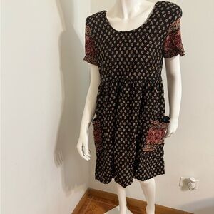 Doll Style Vintage S. Roberts Rayon Dress Black Brown Fall Fashion L/XL